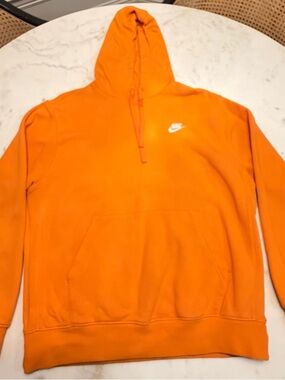 Nike Orange Men's Pullover Fleece Hoodie with White Logo Size Large
